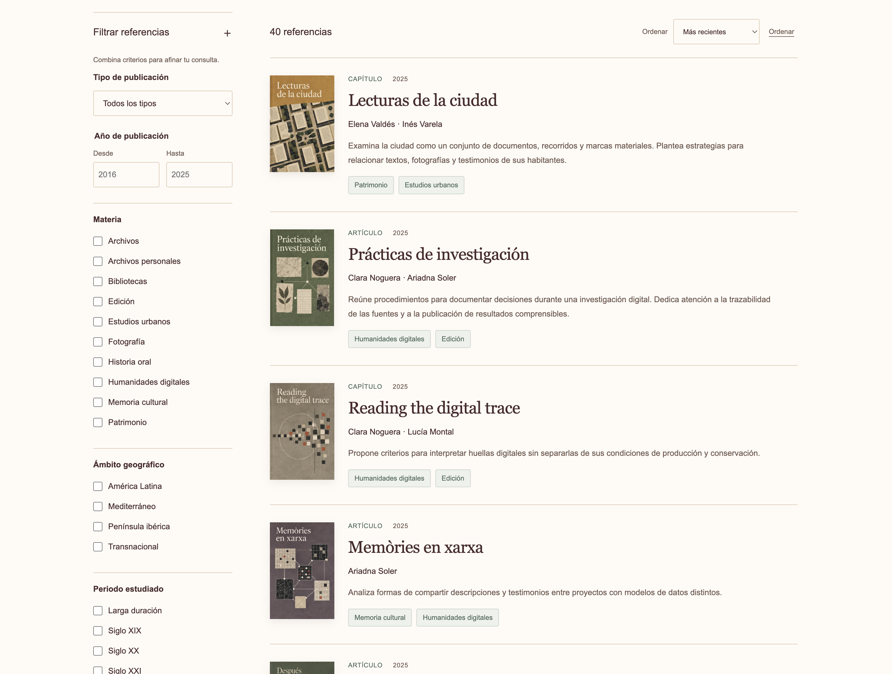 Buscador público con resultados bibliográficos de ejemplo.