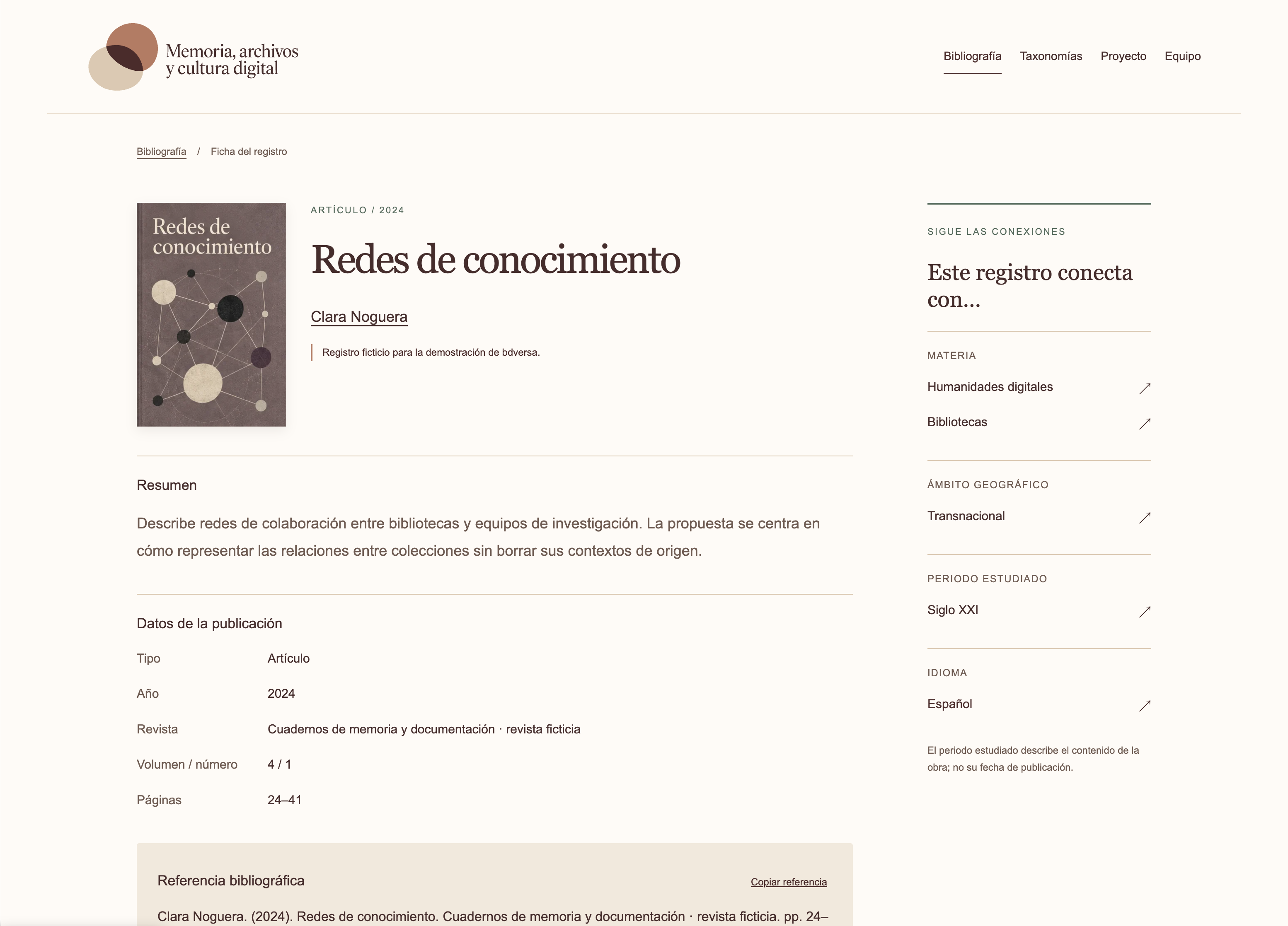Ficha de Redes de conocimiento con autoría, resumen, datos de publicación y taxonomías relacionadas.