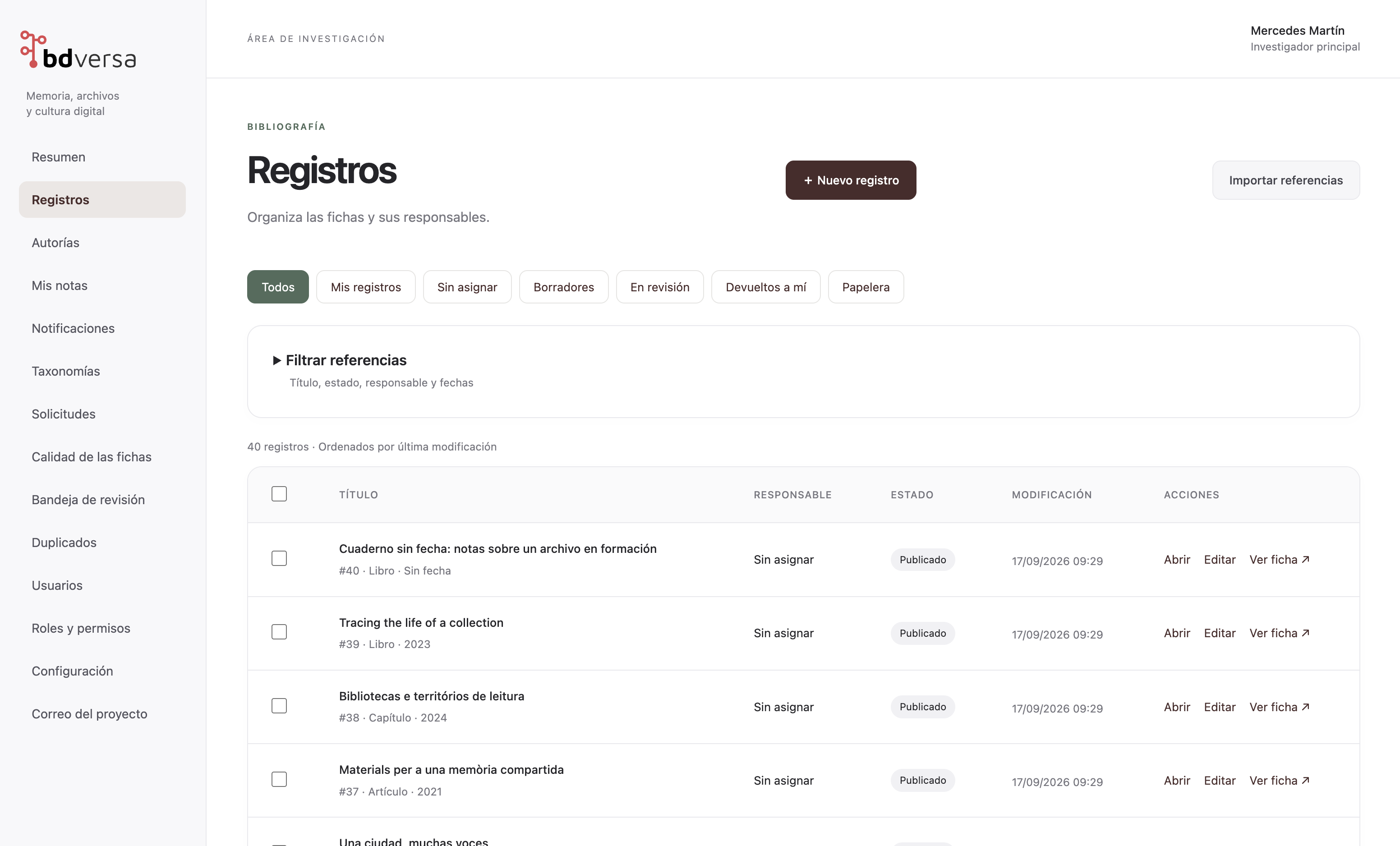 Panel de gestión de bdversa con listado de registros, responsables, estados y filtros.